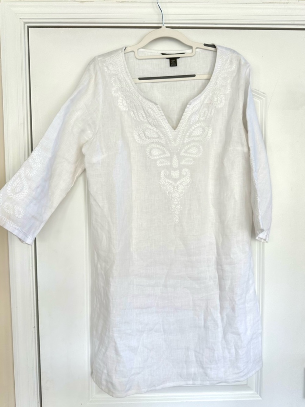 Tommy Bahama Linen Embroidered Tunic Shift Dress White Paisley Small Coastal 3/4
